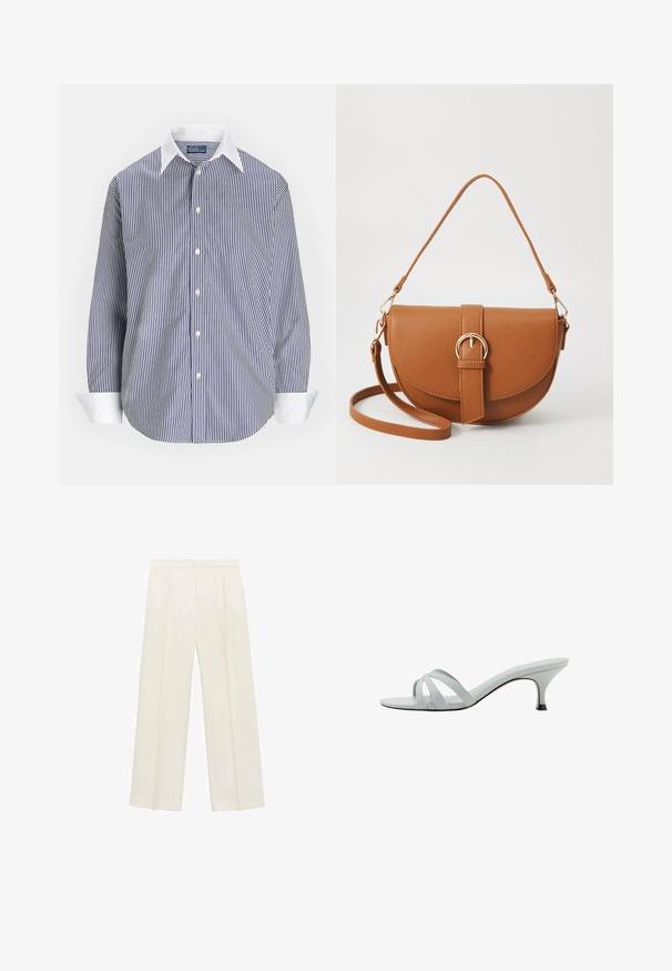 Cămașă cu dungi albastre și albe, cu guler clasic, mâneci lungi și manșete albe; material din bumbac cu textură netedă.; Pantaloni cu picioare largi, de culoare crem deschis. Realizați dintr-un material neted, cu plisuri în față și buzunare laterale.; Sandale cu toc gri deschis, cu trei curele încrucișate, un profil subțire și un toc îngust. Textură netedă cu un finisaj ușor lucios.; Geantă din piele maro, tip crossbody, cu o formă curbată, accesorii aurii și un accent cu cataramă. Dispune de un curea de umăr detașabilă.