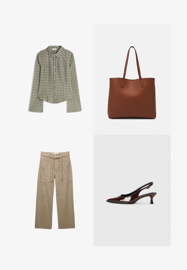 Vihreä ja valkoinen ruudullinen pitkähihaisessa paidassa on kaulus, nappi etupuolella ja hieman kaareva helma. Valmistettu kevyestä kankaasta, jossa on teksturoitu pinta.; Beige levelet lahkeet, jotka on valmistettu kestävästä kankaasta, joissa on suuret etutaskut, punottu vyö ja hienovaraiset ompeluyksityiskohdat.; Ruske patentin nahkalijatke sa špicastim nosom i umjerenom petom. Sadrže remen s kopčom za sigurno pristajanje. Glatka tekstura.; Ruskea nahkainen olkalaukku, jossa on sileä pinta, avoin yläosa ja kaksi olkahihnaa. Omaavat vain minimaalisen ompelun eikä näkyvää metalliosaa.