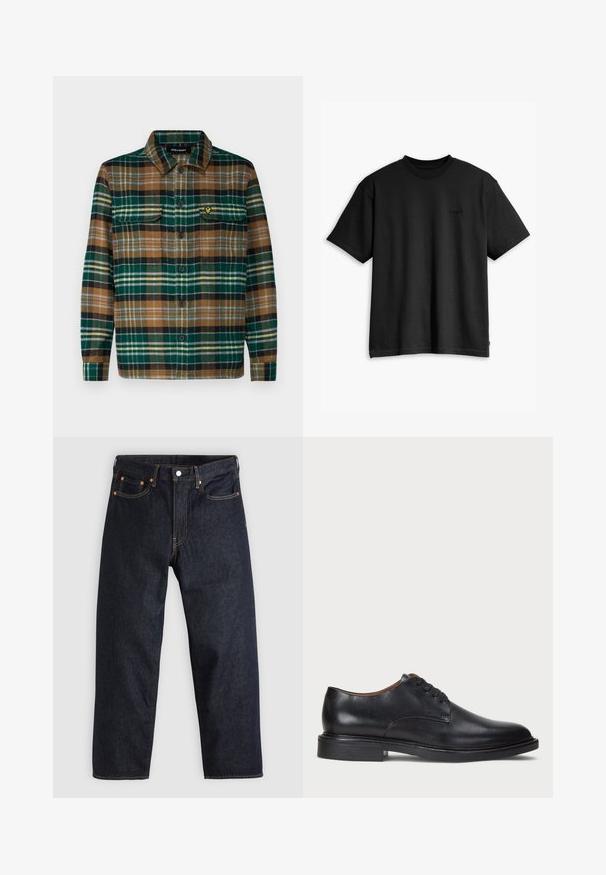Rutete flanellskjorte i grønn, brun og svart med knappestolpe foran, to brystlommer og en liten brodert logo på venstre lomme.; Svart bomull T-skjorte med rund hals og korte ermer. Har en subtil logo foran og en rett fald. Enkelt og minimalistisk design.; Mørkeblå denimjeans med rett snitt, fem lommer, kontrasterende oransjefarget søm, og glidelås med knapp. Ingen synlige mønster eller dekorasjoner.; Sorte skinnsko med rund tå, snøring og lav, stablet hæl. Glatt tekstur med minimale sømdetaljer.