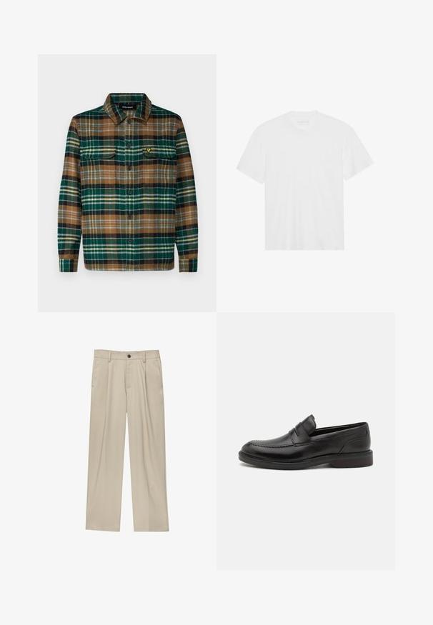 Karierte Flanellhemd in Grün, Braun und Schwarz mit Knopfleiste, zwei Brusttaschen und einem kleinen gestickten Logo auf der linken Tasche.; Weißes Baumwoll-T-Shirt mit kurzen Ärmeln, Rundhalsausschnitt und geradem Saum. Glatte Textur, minimalistisches Design ohne Muster oder Akzente.; Beige Hosen mit geradem Schnitt, ausgestattet mit einem einzelnen schwarzen Knopf, Gürtelschlaufen und Seitentaschen. Glatte Stofftextur und minimalistisches Design.; Schwarze Lederloafers mit genähter Zehenpartie, zwei horizontalen Riemen über dem Blatt und einem Holzabsatz. Glatte Textur und abgerundete Form.