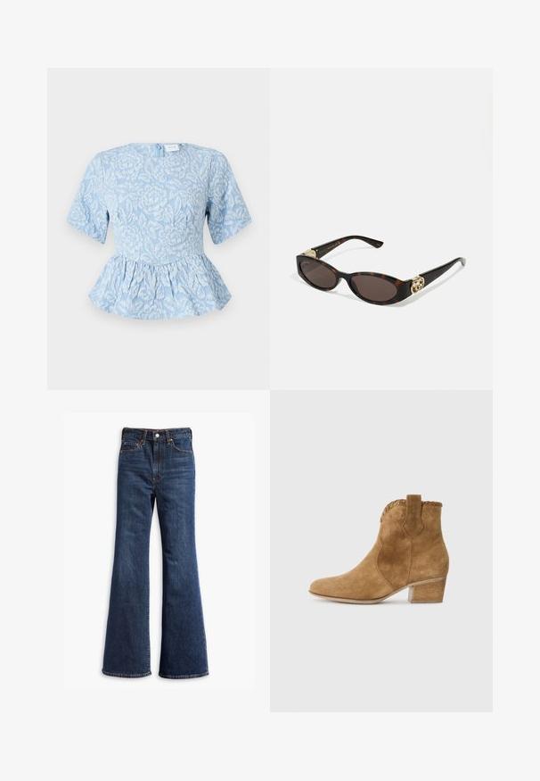 Šviesiai mėlynas peplum stilius marškinėliai su trumpomis rankovėmis, tekstūruota gėlių siuvinėjimu, apvalia iškirpte ir paslėptu užtrauktuku nugarinėje dalyje.; Aukštos juosmens tamsiai mėlyni džinsai su pločio kojomis, priekinis mygtukas ir užtrauktukas, bei penkių kišenių dizainas.; Smėlio spalvos velveto auliniai batai su smailiu nosimi, tekstūruota apykakle ir blokus padu. Yra patogus užtrauktukas lengvai dėvėti.; Tortoise kiaurinių saulės akinių su pailgomis ovalo formos lęšiais, rudos spalvos atspalviu, auksinėmis logotipo detalėmis ant šakelių ir elegantiškais juodais rankenėlėmis.; Ruda dirbtinės sušalimo medžiagos rankinė su dviem tvirtais užtrauktukais, struktūriška forma ir minimalistiniu dizainu, puikuojasi subtiliomis siūlėmis.