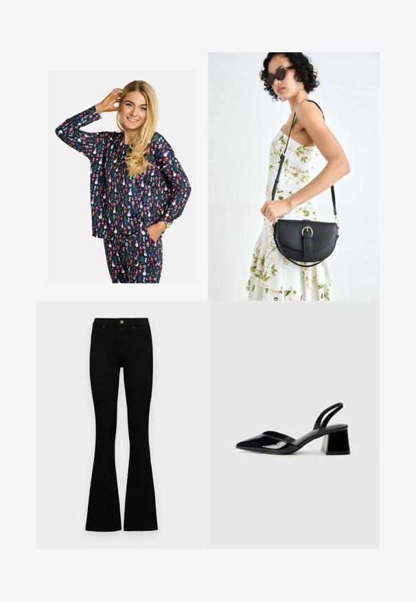Set de pijamale bleumarin cu un model festiv de oameni de zăpadă, brazi de Crăciun și cadouri. Confecționat dintr-un material moale, cu mâneci lungi și croială lejeră.; Jeans negri cu talie înaltă, cu închidere prin nasture și fermoar, buzunare frontale și picioare evazate, așezați pe un fundal alb.; Pantofi cu toc slingback din piele lacuită neagră, cu vârf ascuțit și toc geometric. Prezintă un design elegant, minimalist și o textură netedă.; Geantă din piele neagră, cu o formă curbată, curea detașabilă și accesorii aurii. Geanta are un capac cu un detaliu tip cataramă.