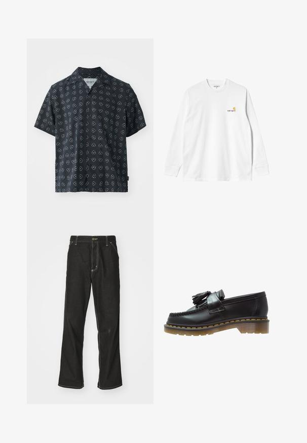 Kurzarmhemd aus schwarzem Stoff mit weißen Punkte- und Herzmustern. Eingekerbter Kragen; lockerer Schnitt; leichte Textur.; Langärmliges weißes Baumwoll-T-Shirt mit Rundhalsausschnitt, das auf der linken Brust ein kleines gelbes und burgunderrotes Logo trägt. Nahtlose Bündchen und Saum.; Schwarze Denim-Jeans mit lockerer Passform, kontrastierenden weißen Nähten, einem Knopfverschluss und geradem Bein.; Schwarze Lederloafer mit strukturiertem Finish, ausgestattet mit einer dekorativen Quaste und kontrastierenden gelben Nähten, auf einer klobigen, transparenten Sohle.