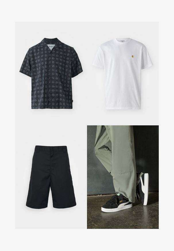 Koszulka z krótkim rękawem z czarnej tkaniny z białymi kropeczkami i wzorami serc. Kołnierzyk z wcięciem; luźny krój; lekka faktura.; Biała bawełniana koszulka z krótkim rękawem, okrągłym dekoltem, z małym złotym logo na lewej części klatki piersiowej. Miękka textura i regularny krój.; Czarne szorty wykonane z tkaniny, o prostym kroju, standardowej talii i bez wzorów ani widocznych elementów metalowych.; Czarne zamszowe trampki z białymi gumowymi podeszwami i bocznymi paskami, w połączeniu z jasnoszarymi spodniami cargo, stoją na teksturowanej ciemnej powierzchni.