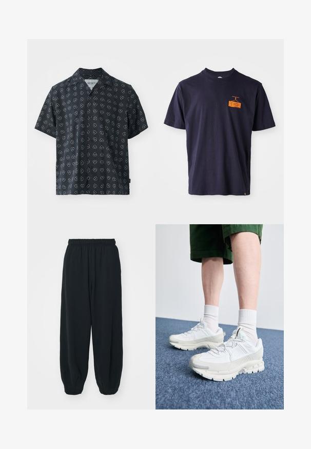 Krátký rukáv košile z černé látky s bílými puntíky a vzory srdcí. Klopový límec; volný střih; lehká textura.; Námořnická modrá bavlněná tričko s malou oranžovou grafikou mikrofonu a hudebního vybavení na levé straně hrudi, standardní kulatý výstřih.; Černé teplákové kalhoty s elastickým pasem, volným střihem, manžetami na kotnících, hladkým povrchem a bez viditelných vzorů či kovových detailů.; Bílé sportovní boty s texturovanými překryvy, masivní podrážkou a šedými akcenty. Na nohou mají bílé ponožky a zelené šortky na modrém povrchu.