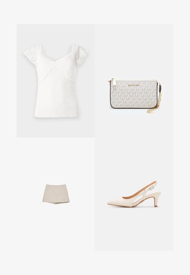 Hvid blondetop med korte capærmer, der har en V-halsudskæring og et tekstureret blomstermønster hele vejen igennem. Glat stof med bølgede kanter.; Beige kvinders skorts med en let frontslids og tilknyttede shorts nedenunder, vist på en hvid baggrund.; Hvide slingback hæle med spids tå, glat overmateriale, lav blokhæl og sideudskæringsdesign med justerbar spænderem.; Michael Kors håndleddstropp i beige belagt lær med et gentaget MK-logo mønster, guld hardware og en aftagelig kædestrop.