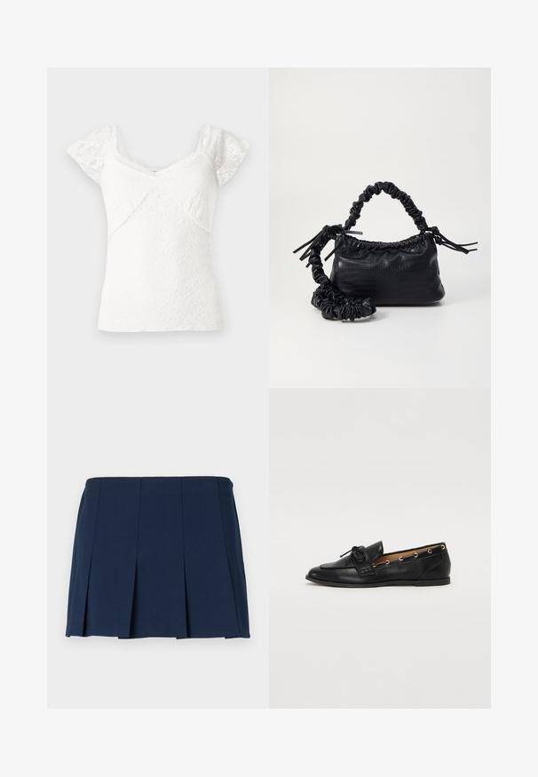 Balta nėriniuota palaidinė su trumpomis rankovėmis, turinti V formos iškirptę ir tekstūrinį gėlių raštą visame paviršiuje. Lygi medžiaga su banguotais kraštais.; Tamsiai mėlyna klostuota mini sijonas su tiesia juosmeniu, pagamintas iš lygaus audinio. Yra vertikalūs siūlai palei klostes.; Juodi odiniai loafai su surišta mazgeliu, su auksinėmis akytėmis šoninėse dalyse ir plokščiu guminiu padu. Lygus paviršius, klasikinis dizainas.; Juodas dirbtinės odos rankinė su krokodilo tekstūra, sušnibždinta viršuje ir susikraipytu dirželiu. Atrodo minkšta ir kompaktiška.