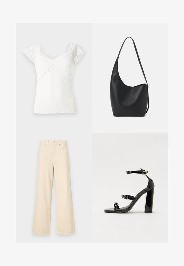 Blusa de encaje blanco con mangas cortas tipo capa, con un escote en V y un patrón floral texturizado en toda la prenda. Tela suave con bordes en forma de ondas.; Jeans de pierna ancha beige fabricados en algodón. Cuentan con un cierre de botón, presillas para cinturón y bolsillos frontales con una textura suave y lisa.; Sandalias de tacón de charol negro con punta cuadrada, correas en el tobillo y hebillas plateadas. Presentan un tacón grueso para mayor estabilidad.; Bolso tipo hobo de cuero negro con una textura suave, forma curvada y una sola correa ajustable; presenta una amplia apertura en la parte superior.