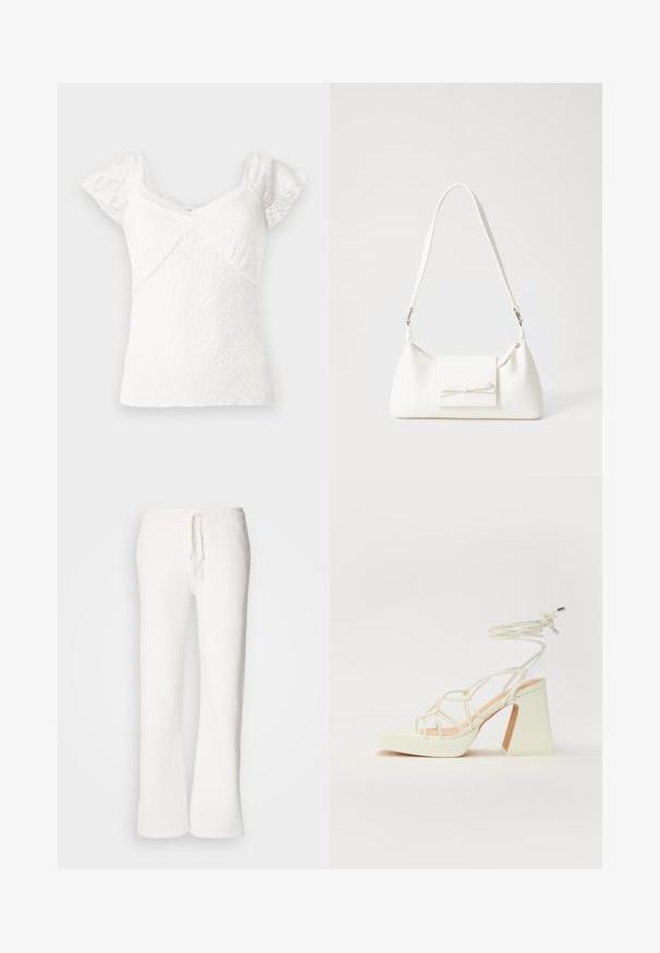 Blusa branca de renda com mangas curtas tipo capa, apresentando um decote em V e um padrão floral texturizado por toda a peça. Tecido suave com bordas em forma de ondas.; Calças de fato brancas, de corte descontraído, feitas de um tecido macio, com um cós elástico e um cordão de ajuste, apresentando um design de pernas retas.; Sandálias brancas de salto alto com um salto robusto, apresentando um design com tiras e amarração no tornozelo. Textura suave com uma plataforma na frente para altura adicional.; Mala sintética branca com formato triangular, aba frontal plana e detalhe de laço, alça ajustável, textura suave e design minimalista.