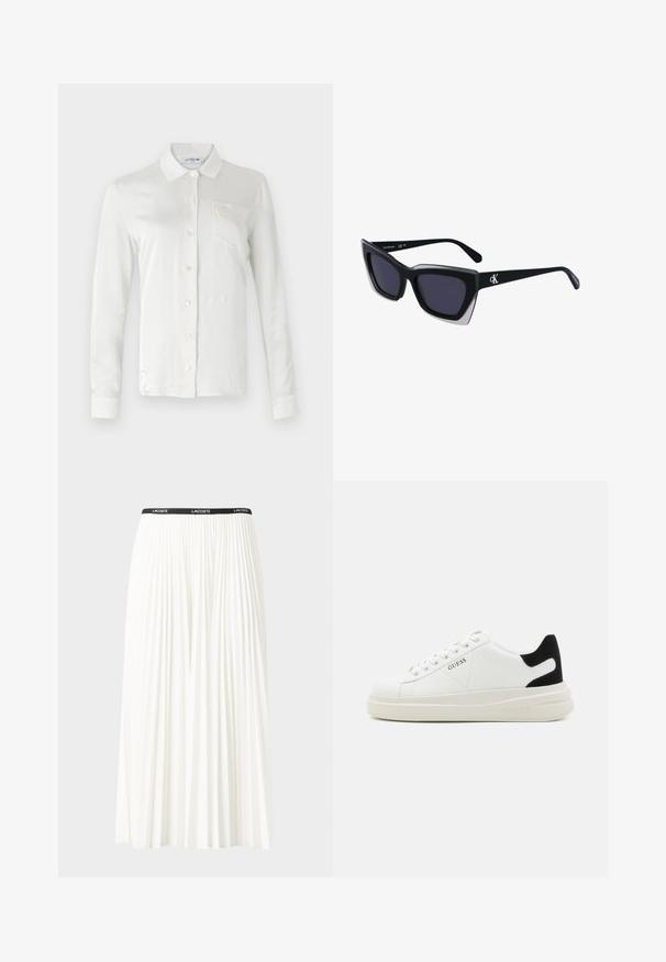 Lacoste Button-down blouse - lapland; Pleated white skirt with a black elastic waistband featuring the "LACOSTE" logo. Mid-length design with soft texture.; White leather sneakers with a thick white sole, black suede heel accent, and embossed logo on the side. Laced design with six eyelets.; Black oversized sunglasses with a geometric shape, featuring dark lenses and a contrasting grey detail on the frame. Logo on the arm.
