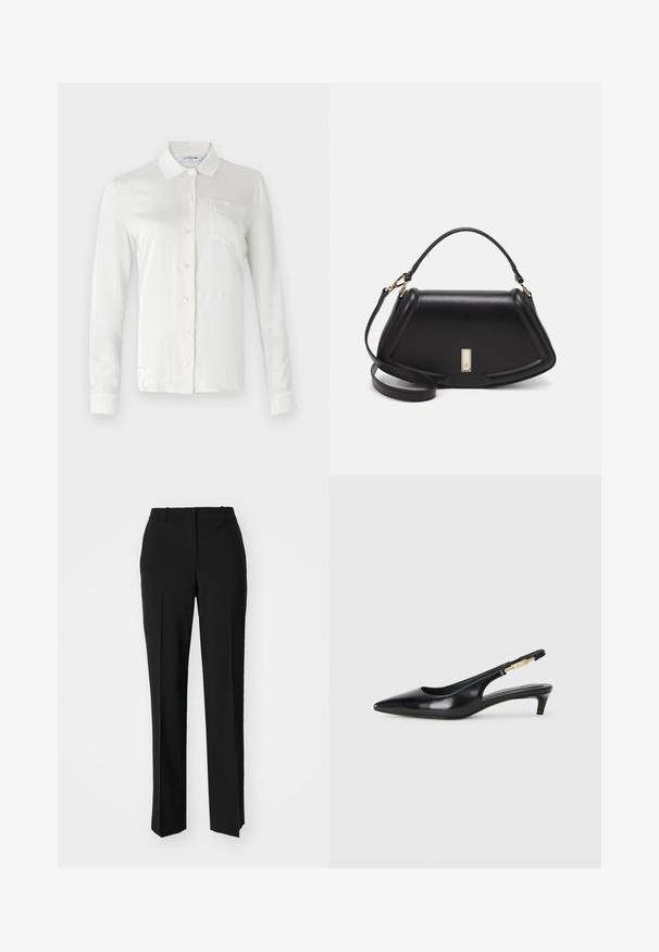Lacoste Button-down blouse - lapland; Black tailored trousers with a straight-leg design, featuring a smooth texture and crisp creases along the front. No visible hardware.; Black leather slingback heels with a pointed toe, featuring a slim heel and a gold-tone accent on the adjustable strap. Smooth texture.; Black leather handbag with a structured design, featuring a cropped shape, top handle, and gold hardware accent. Adjustable shoulder strap included.