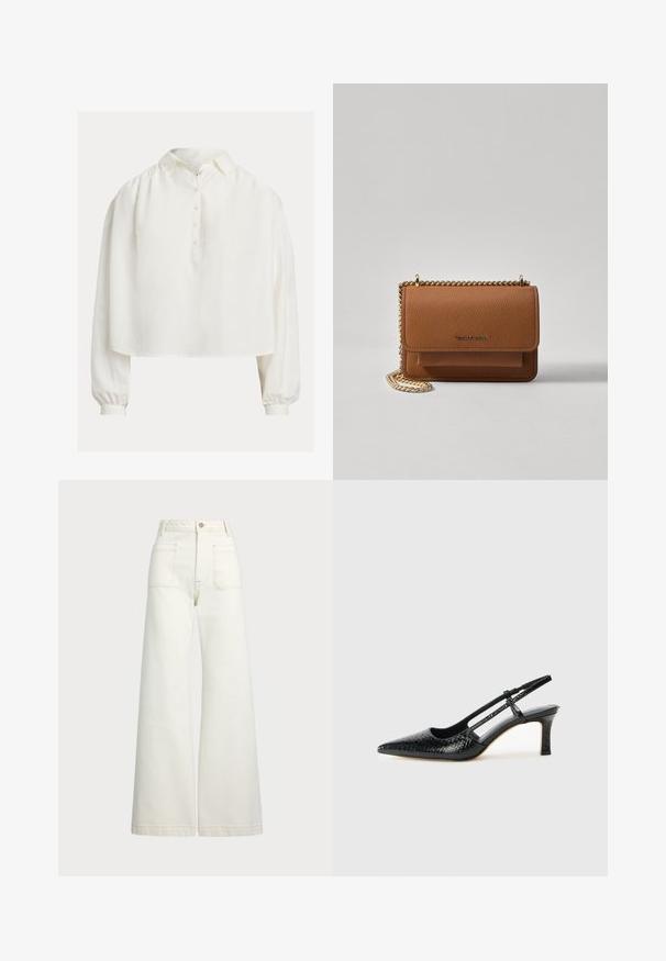 Bílá košile na zapínání s límečkem, krátkým střihem a dlouhými balónovými rukávy. Vyrobena z měkké látky s hladkou texturou.; Džíny s širokými nohavicemi v off-white denim. Vysoký pas s knoflíkovým zapínáním, dvě přední kapsy a detaily kontrastního šití.; Černé lakované slingback podpatky s špičatou špičkou, zdobené texturovaným hadím vzorem, nastavovacím páskem a krátkým texturovaným blokovým podpatkem.; Hnědá texturovaná kožená kabelka přes rameno se zlatým řetízkovým popruhem a klopnovým uzavíráním. Přední strana obsahuje detail loga a kapsu pod klopou.