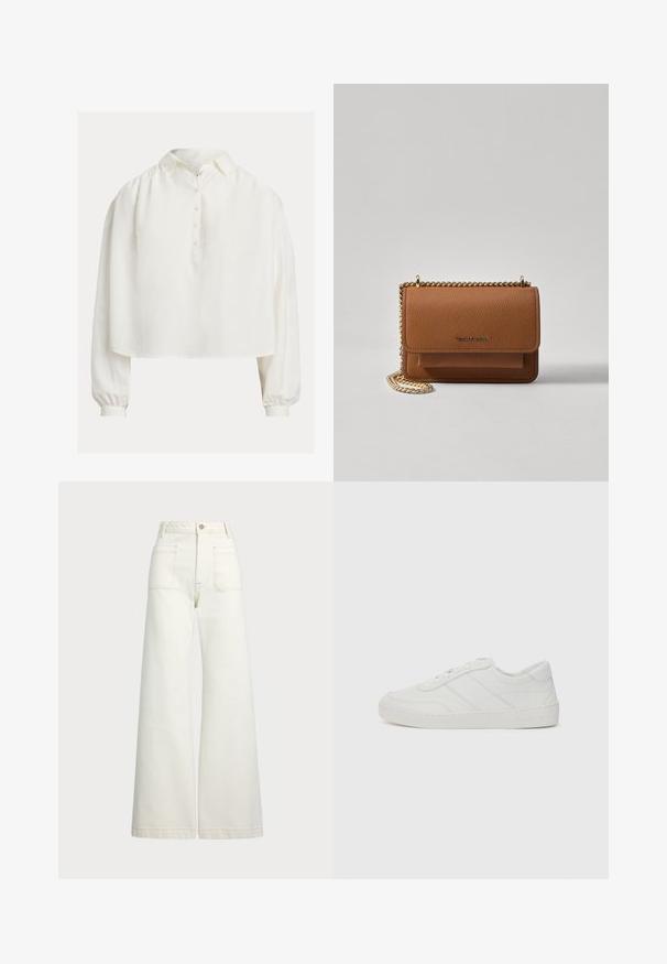 Fehér galléros, gombos blúz, rövidített fazonban, hosszú, ballon ujjakkal. Puha, sima tapintású anyagból készült.; Széles szárú farmernadrág off-white denim anyagból. Magas derekú dizájn, gombos záródással, két elülső zsebbel és kontrasztos varrási részletekkel.; Fehér bőr sportcipő lapos fűzőkkel, kerek orral és finom varrási részletekkel. Bordázott talppal és dombornyomott márkainszigniával a sarokon.; Barna textúrájú bőr keresztbody táska arany lánc pánttal és fedélzárral. Az elején logó részlet és egy zseb található a fedél alatt.