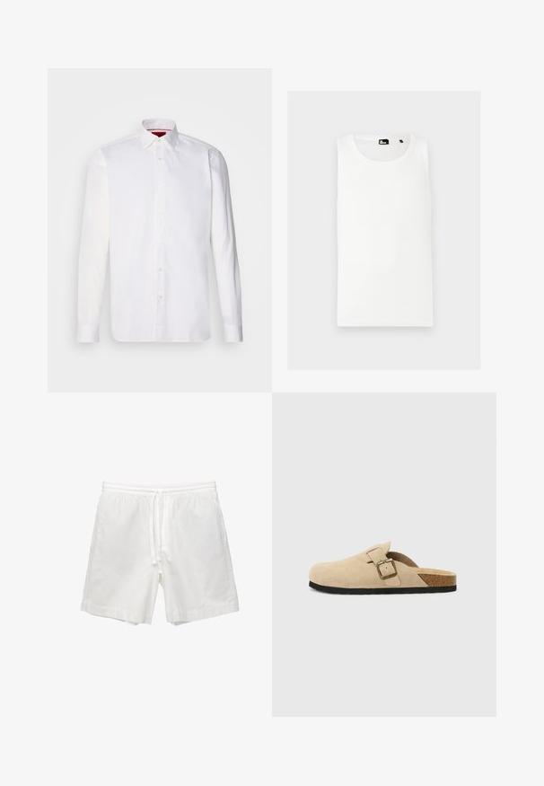 Bijela košulja dugih rukava od pamuka, s klasičnim ovratnikom, prednjim kopčanjem na gumbe i glatkom teksturom. Crvena unutrašnjost ovratnika.; Bijela majica bez rukava od rebrastog materijala, s okruglim izrezom i malim logom brenda sprijeda.; Bijele pamučne šorts hlače s elastičnom trakom oko struka i vezicom, bočnim džepovima i ravnim krojem s urešenim rubovima.; Bež semisoft cipele s otvorenom petom, s plutenom unutrašnjosti, zaobljenim nožnim prstom i jednostavnom trakom sa zlatnim kopčanjem. Gumeni potplat za bolji grip.