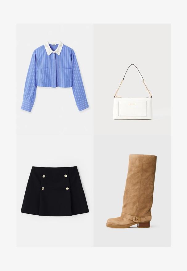 Lühikeste varrukatega sinine triibuline särk, millel on valge tikandiga krae ja kaks esitaskut. Silmapaistev kangastekstuuri.; Must mustribal, mis vaba elastne kangas, millel on ees kaks kuldset nuppu, volditud disain ja sirge äär.; Kerge suede midikäe saapad heleses tooni, madala virnastatud kontsaga, ümarate varbaotstega ning reguleeritava rihmaga, millel on kuldne pandla ümber pahkluu.; Valge nahast kott tekstureeritud viimistlusega, millel on kuldne kettling ja mustad aktsendid. Include eesmine tasku ja tõmblukk.