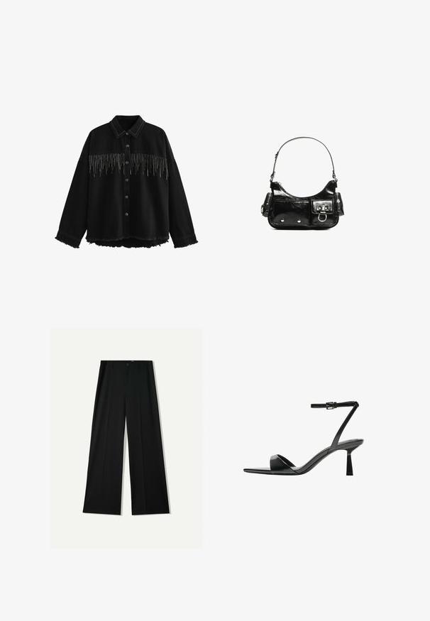 Giubbotto in denim nero con accenti in perline argento in un design a frange, colletto classico, chiusura con bottoni e orlo sfrangiato.; Bershka WIDE - Pantaloni - black; Bershka Sandali con tacco - black; Borsa a spalla in vernice nera con forma curvata, una tracolla, tasche frontali e dettagli in metallo argentato.