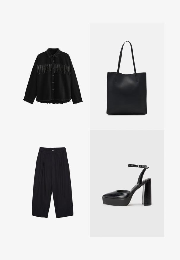 Giubbotto in denim nero con accenti in perline argento in un design a frange, colletto classico, chiusura con bottoni e orlo sfrangiato.; Pantaloni culotte neri in poliestere con una cintura elastica, due pieghe frontali e una silhouette ampia. Nessun motivo visibile o dettagli in metallo.; Tacchi a piattaforma neri con punta appuntita e cinturino regolabile alla caviglia. Realizzati in pelle liscia, presentano un tacco a blocco spesso.; Borsa tote in pelle nera con texture liscia, forma rettangolare e due manici lunghi. Nessun hardware o decorazione visibile.