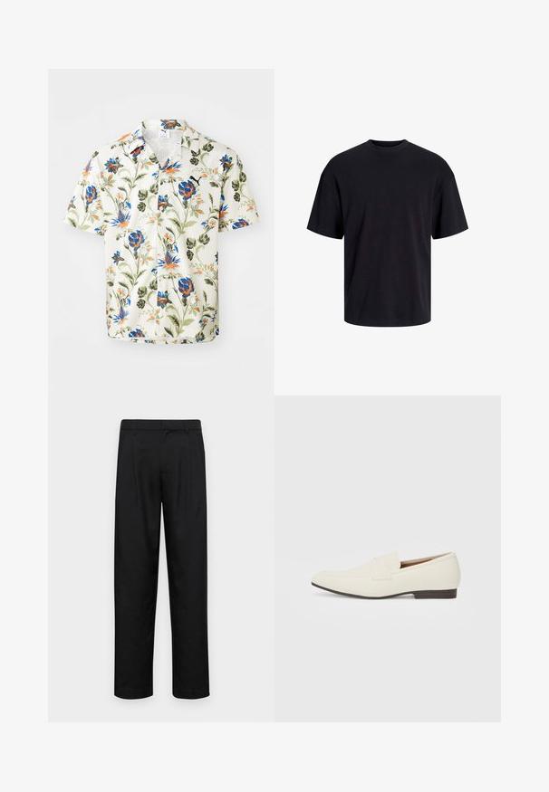 Kortermet skjorte i et hvitt teksturert stoff med et fargerikt blomstermønster med blå, oransje og grønne blomster. Knappe-design.; Svart bomull t-skjorte med rund hals, korte ermer og en avslappet passform. Glatt tekstur uten synlige mønstre eller detaljer.; Sorte bukser laget av glatt stoff, med rette ben, to frontfoldninger og standard liv med beltehemper.; Lyse beige loafers med spiss tå, glatt materiale, en stropp over vampsen, og en lav brun såle. Enkel design med minimale detaljer.