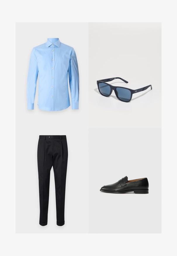 Tiger of Sweden ADLEY - Overhemd - summer sky; Zwarte broek gemaakt van een gladde stof, met een plooi aan de voorkant, een knopen sluiting en opgerolde manchetten bij de enkels.; Zwarte leren instapper met een ronde neus, subtiele stikdetails en een lage hak, met een gladde textuur en een minimalistisch ontwerp.; Blauwe rechthoekige zonnebril met donkere lenzen, matte marineblauwe montuur, logo-detail op de slaap, rechte pootjes en een solide, gladde textuur.