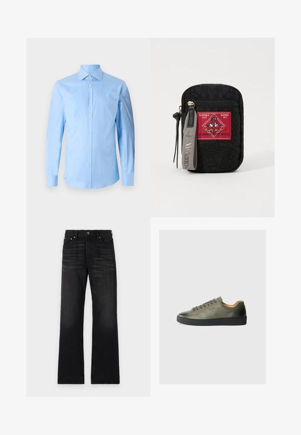 Tiger of Sweden ADLEY - Overhemd - summer sky; Zwarte wijde denim jeans. Voorzien van een knoopsluiting en vijf zakken. Licht vervaagde textuur langs de benen, rechte snit.; Sneakers in olijfgroen leer met een zwarte rubberen zool. Kenmerken zijn een ronde neus, ton sur ton veters en een minimalistisch ontwerp. Van binnen gevoerd met een bruine stof.; Zwarte etui van textuurstof, met een rood patch met logo, ritssluiting en een grijze strap met het geëmbosseerde merknaam.