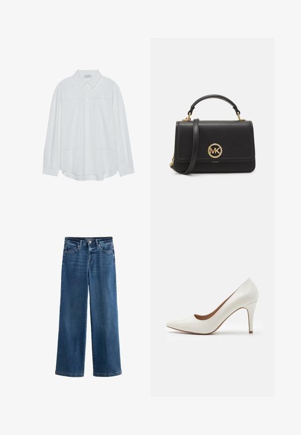 Bílé dlouhé rukávy košile na knoflíky vyrobené z hladké tkaniny, s klasickým límcem, dvěma předními kapsami a nařasenými manžetami.; Modré široké džíny v denimové látce, s vysokým pasem, pěti kapsami, jemným vyblednutím, zapínáním na knoflík a kontrastním prošíváním.; Bílé lakované kožené lodičky na vysokém podpatku s špičatou špičkou a hladkým povrchem, vybavené štíhlým podpatkem a nízkým střihem kolem otvoru.; Černá kožená kabelka se strukturovaným designem, se zlatým kulatým logem, horní rukojetí a odnímatelným ramenním popruhem.; Zlaté kovové náušnice s vlnitým designem; hladký, lesklý povrch; asymetrický tvar; žádné viditelné vzory nebo hardware.