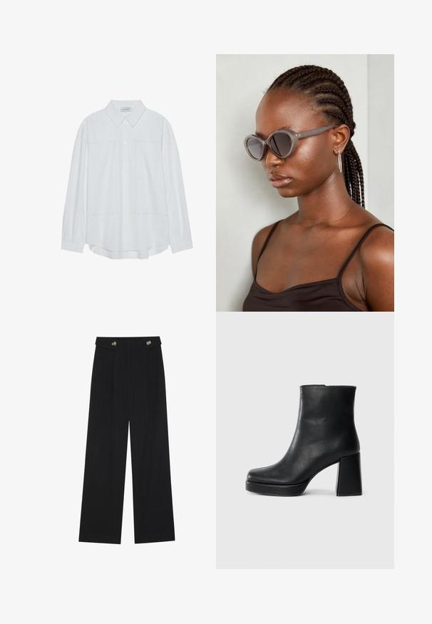 Hvit langermet skjorte med knapper laget av et glatt stoff, med klassisk krage, to frontlommer og rynkede mansjetter.; Svart vide bukser med høy midje, knappdetaljer på midjebåndet og frontplisser.; Sorte skinnankelsko med blokkhæl og plattformsåle, sett fra siden på en enkel hvit bakgrunn.; Grå, overdimensjonerte solbriller med rund form og mørke linser. Slank plastikkramme med glatt overflate. Modellen har flette.