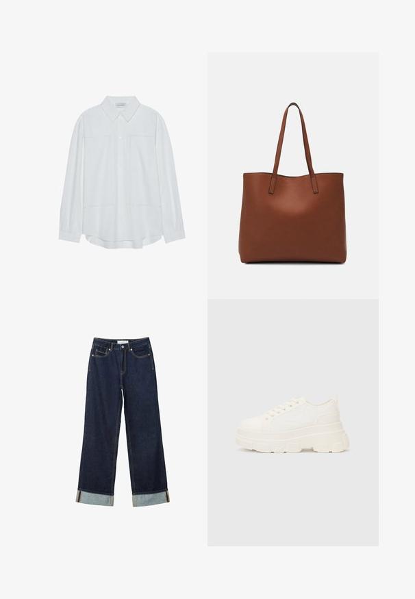 Bijela košulja dugih rukava s gumbima, izrađena od glatkog materijala, s klasičnim ovratnikom, dva prednja džepa i nabranim manžetama.; Tamno plave široke traperice viskog struka, s okrenutim rubovima, kontrastnim šavovima i dizajnom s pet džepova. Izrađene su od traper tkanine.; Bijela platnena tenisica s debelim potplatom, zaobljenim vrhom i pet rupica za vezice. Stražnji tab za jednostavno obuvanje. Glatka tekstura, minimalistički dizajn.; Smeđa kožna torba preko ramena s glatkom teksturom, otvorenim vrhom i dvjema naramenicama. Ima minimalne šavove i nema vidljivog hardvera.