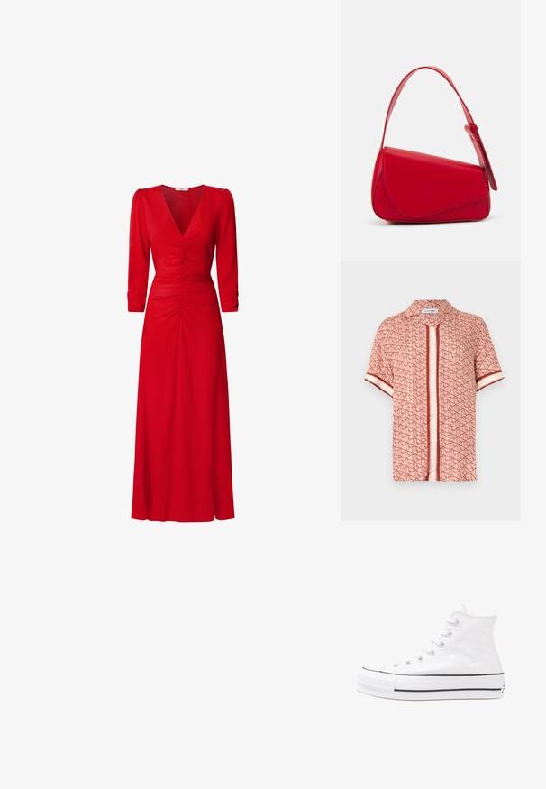 Koralinė trumpą rankovę marškiniai su geometriniu ruduo raštu, turintys mygtukų priekinę dalį, apykaklę ir kontrastingus dryžuotus akcentus ant rankovių.; Raudona suknelė su V formos iškirpte, trimis ketvirtadaliais rankovėmis ir susiraukšlėjimo detalėmis juosmens ir nugaros srityse. Audinys atrodo lygus ir lengvas.; Balti aukštakulniai drobės sportbačiai su juodu guminio pado, priekinio guminio piršto dangteliu ir šešiais akytėmis raištams, pasižymintys švariu, minimalistiniu dizainu.; Raudona odinė rankinė su kampuota, geometrine forma. Pasižymi viena reguliuojama dirželiu ir dangteliu su siuvinėtais dekoracijomis.