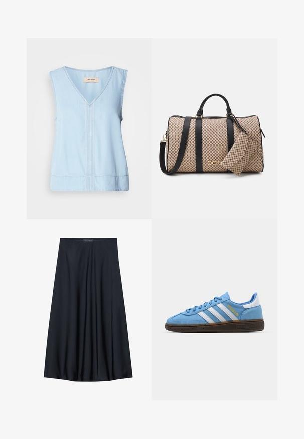 Lichtblauw mouwloos topje met een V-hals, met decoratieve stiksels middenvoor en een iets gebogen zoom.; Zwarte, knielange rok van lichtgewicht stof met een vloeiende uitstraling. Kenmerkt zich door een gladde textuur en subtiele plooien voor extra detail.; Lichtblauwe suède sneakers met witte leren strepen, een bruine textuurzool en gouden logo-detail. Laag ontwerp met een ronde neus.; Dufflebag met een beige patroon aan de buitenkant, zwarte leren banden, gouden hardware en een kleine bijpassende pouch die eraan vastzit. Gestructureerd ontwerp.