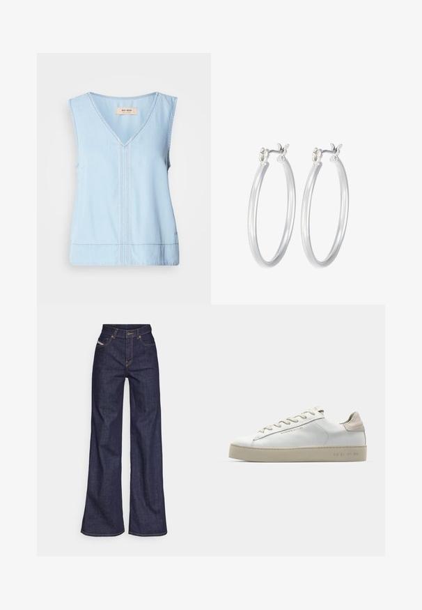 Svijetloplavi bezrukavni top s V-izrezom, koji ima dekorativnu šavnu obradu niz sredinu i blago zakrivljen rub.; Tamno plave široke traperice s visokim strukom, izrađene od denim tkanine, s narančastim šavovima, pet džepovima i kopčanjem na dugme.; Bijele kožne tenisice s glatkom površinom, bež nubuk detalji, okrugli vrh, ravni dizajn s vezicama i strukturirana gumena potplat.; Srebrne kružne naušnice s glatkom, poliranom površinom. Okrugli oblik i sigurno kopčanje na klik. Lagani dizajn pogodan za svakodnevno nošenje.