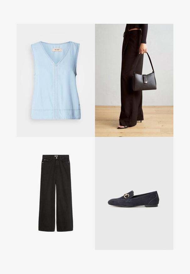 Világoskék, ujjatlan felső V-nyakkal, díszítő varrással a középen és enyhén ívelt alsó résszel.; Széles lábú fekete farmernadrág magas derékkal. Öt zseb, fémalkatrészek és letisztult kivitel jellemzi. A textúra sima és puha.; Sötétkék velúr mokaszin, lekerekített orral, díszített fém lánc akcentussal és alacsony sarokkal, kontrasztos varrási részletekkel.; Fekete kézi táska strukturált formával, sima textúrával és fémből készült záródással. Széles fekete nadrággal és nyitott orrú szandállal párosítva, fából készült padlón.