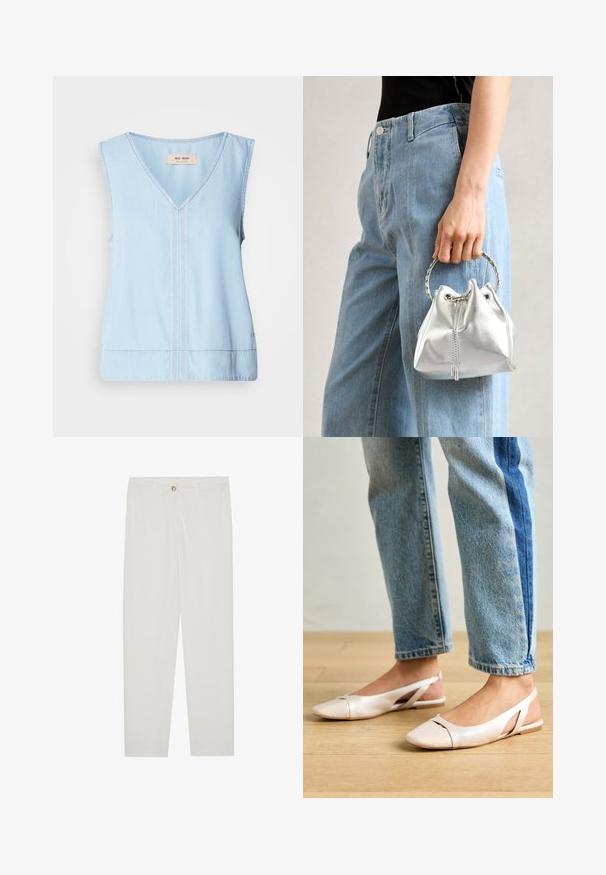 Vaaleansininen ilman hihoja oleva paita V-pääntiellä, jossa on koristeommeltu keskiosa ja hieman kaareva helma.; Valkoiset, muotoon ommellut housut, joissa on suora lahjerakenne, napillinen sulkeminen, vyölenkit ja sivutaskut; sileä kangas.; Vaaleanpunaiset slingback-ballerinat, joissa on terävä kärki, valmistettu sileästä nahkamaisesta materiaalista. Sivujen leikkuuyksityiskohdat ja tasapohja.; Metallinen hopeinen pussilaukku, jossa on teksturoitu pinta, koristeltu hopeisella pyöreällä kaksikahvalla ja kiristysnyörillä, pidetty vaaleansinisten farkkujen edessä.; Hopeinen kaksinkertainen rengas, jossa on sileä, kiillotettu pinta. Siinä on sulava, kaareva muotoilu, jossa on päällekkäisiä osia modernin ilmeen saavuttamiseksi.