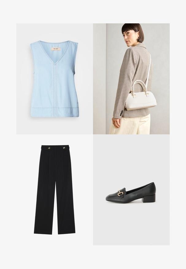 Heledu sinine ilma varrukateta topp V-kaelusega, millel on dekoratiivne tikand keskel ja veidi kõverdatud äär.; Mustad laiad püksid kõrge vöökoha ja nööpdetailidega vööandil, esikortsudega.; Mustad nahast loafers madala kontsaga, millel on esiküljel dekoratiivne kuldne detalj ja sile tekstuur.; Valge struktureeritud käekott lühikeste käepidemete ja õlavööga, millel on kuldse riistvara aktsendid ja tekstuuriga materjal, eksponeeritud halli taustal.