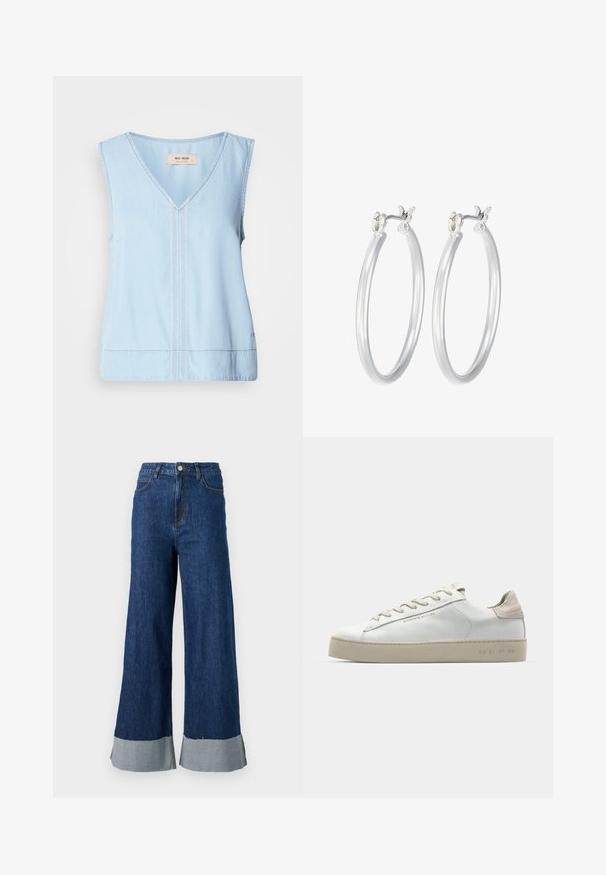 Šviesiai mėlynas be rankovių viršus su V formos iškirpte, turi dekoratyvinius siuvinėjimus per vidurį ir šiek tiek išlenktą apatinę dalį.; Plačios kojų džinsinės kelnės su tamsiai mėlynu skalbimu, turinčios kontrastingą šviesiai mėlyną apvadu ir klasikinį penkių kišenių dizainą.; Balti odiniai sportbačiai su lygiu paviršiumi, šviesiai rudos suede akcentais, apvalia nosimi, plokščiu raištelių užsegimu ir tekstūruotu guma pagamintu padu.; Sidabriniai auskarai su sklandžiu, poliruotu paviršiumi. Apvalios formos ir saugus uždarymo mechanizmas. Lengvas dizainas, tinkantis kasdieniam dėvėjimui.