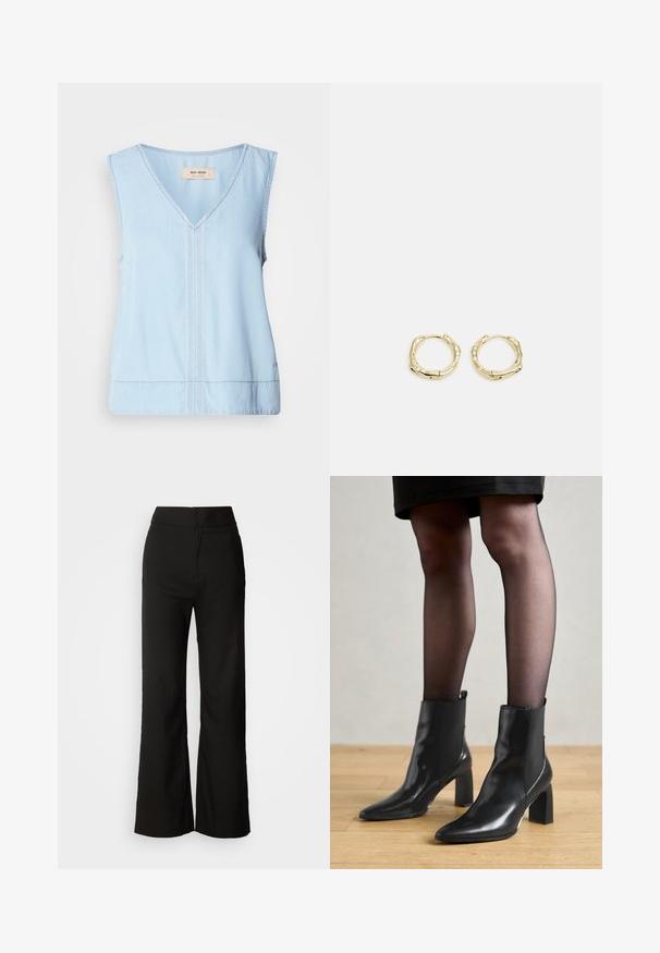 Lyseblå ærmeløs top med V-hals, der har dekorativ syning ned ad midten og en let buet kant.; Sorte bukser med bred benvidde, glat tekstur, høj talje og et enkelt design. Ingen synlige lommer eller udsmykninger.; Sorte læderankelstøvler med spids tå, kraftig firkantet hæl og slankt design. Har elastiske sidepaneler for nem påtagning.; Gul hoop ørestikker med en struktureret, uregelmæssig form. Har en sømløs lukning og en poleret overfladefinish, der fremhæver et moderne design.