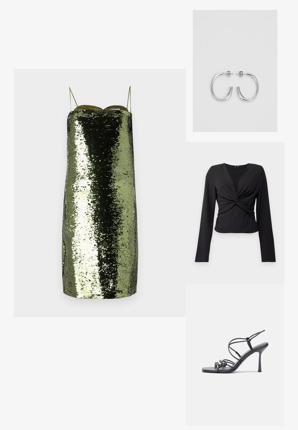 Črn top z dolgimi rokavi z zavitim dizajnom, ki ima zvit sprednji del in gladko teksturo. Narejen iz raztegljive tkanine za prilegajoč videz.; Zelena obleka s sequini, naravnega kroja, z tankimi nastavljivimi naramnicami, ki ima odsevno teksturo in ozko silhueto.; Črne visoke sandale na peto imajo tanke naramnice z vozlom, gladek kvadratni toe in eleganten stiletto peto.; Svetlo siva kovinska torbica z verižnim ročajem, okrašena z majhnimi okroglimi kovinskimi bleščicami in trikotnim logotipom blagovne znamke.; Srebrne uhančke v obliki obroča z gladko, sijočo površino, ukrivljene oblike in zapiranjem na zatič. Minimalistična zasnova z modernim zaključkom.