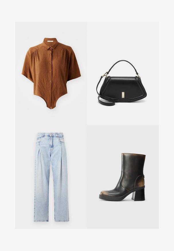 Camisa de botones de manga corta marrón con tela texturizada, dobladillo curvado y cuello clásico. Presenta cuatro botones con acentos oscuros.; Jeans de mezclilla azul claros con cintura alta, corte de pierna ancha, dos bolsillos laterales y un diseño plisado. Textura suave con un acabado deslavado.; Bota de cuero negra hasta el tobillo con un acabado brillante, punta redondeada, acentos en tono marrón claro, un tacón cuadrado y detalle de cremallera lateral.; Bolso de mano de cuero negro con un diseño estructurado, que presenta una forma recortada, asa superior y acentos en dorado. Correa de hombro ajustable incluida.