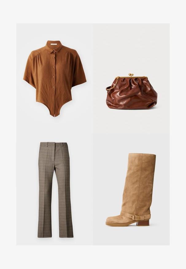 Camisa de botones de manga corta marrón con tela texturizada, dobladillo curvado y cuello clásico. Presenta cuatro botones con acentos oscuros.; Pantalones a cuadros marrones con corte recto, que presentan una tela texturizada y colores sutiles de beige y marrones oscuros a lo largo del patrón.; Bota de ante en tono marrón claro, de media caña, con un bajo tacón apilado, puntera redonda y una correa ajustable con un hebilla dorada alrededor del tobillo.; Bolso de mano de cuero marrón con cierre de marco dorado y una corta cadena dorada, que presenta una suave textura arrugada sobre un fondo blanco.