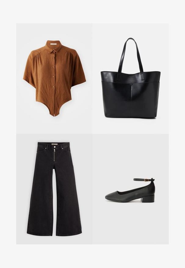 Bruine korte mouwen overhemd met een gemetste stof, een gebogen zoom en een klassieke kraag. Bevat vier knopen met donkere accenten.; Wijdvallende jeans van zwarte denim met een ritssluiting aan de voorkant, vijf zakken en subtiele stikdetails. Soepele textuur en casual stijl.; Zwarte leren pump met een spitse neus en een lage blokhak. Beschikt over een enkelband met een goudkleurige gespsluiting. Gladde textuur.; Zwarte leren tote bag met twee lange handvatten, een zachte textuur en een gestructureerde vorm. Voorzien van een voorvak voor extra opslagruimte.