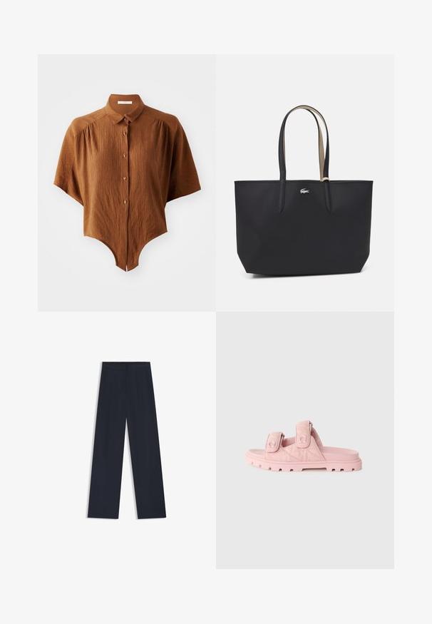Camicia marrone a maniche corte con bottoni, realizzata in tessuto testurizzato, orlo curvo e colletto classico. Presenta quattro bottoni con accenti scuri.; Pantaloni a gamba larga blu navy con cintura elastica, due tasche laterali e una texture liscia e tessuta. Senza motivi visibili o dettagli in metallo.; Infradito rosa con doppie cinghie regolabili in Velcro, tomaia in tessuto testurizzato e una suola spessa e robusta con scanalature profonde.; Borsa tote nera con una forma strutturata, realizzata in materiale testurizzato, dotata di due manici lunghi e un piccolo logo argento sulla parte anteriore.