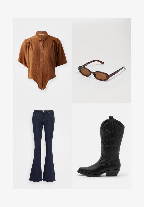 Braunes kurzärmliges Hemd mit Knopfverschluss aus strukturiertem Stoff, abgerundetem Saum und klassischem Kragen. Verfügt über vier Knöpfe mit dunklen Akzenten.; Dunkelblaue, ausstellende Jeans mit einer schmalen Taille, vorderer Knopfverschluss, Fünf-Taschen-Design und Nahtdetails entlang der Beine.; Schwarze Cowboy-Stiefel mit spitzer Zehenform, strukturiertem Leder, dekorativer Stickerei am Schaft und einem niedrigen, gestapelten Absatz.; Runde, braun getönte Sonnenbrillen mit einem glänzenden burgunderfarbenen Rahmen. Schlanke Bügel mit dezentem Branding. Flaches Linsendesign.