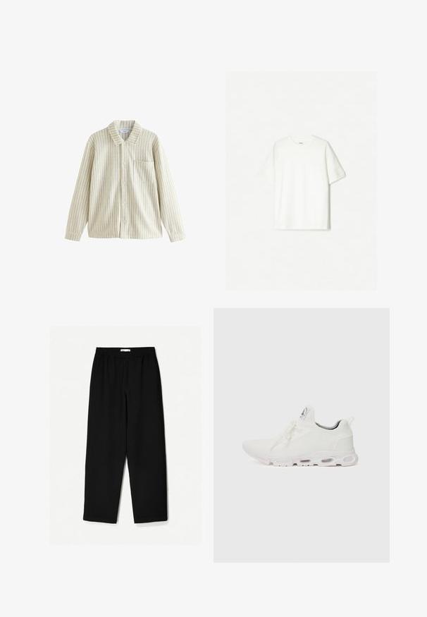 Cămașă cu dungi în nuanțe de crem și bej, având guler, mâneci lungi, un buzunar pe piept și o țesătură texturată cu linii verticale.; Tricou alb cu mânecă scurtă, made din bumbac moale. Design cu gât rotund, cu o croială lejeră și fără logo-uri sau modele vizibile.; Pantaloni negri, largi, confecționați dintr-un material ușor. Au o talie elastică și o textură netedă. Fără modele vizibile sau accesorii metalice.; Adidași albi cu un superior din țesătură texturată, șireturi plate și o talpă cu perne de aer vizibile pentru suport suplimentar.