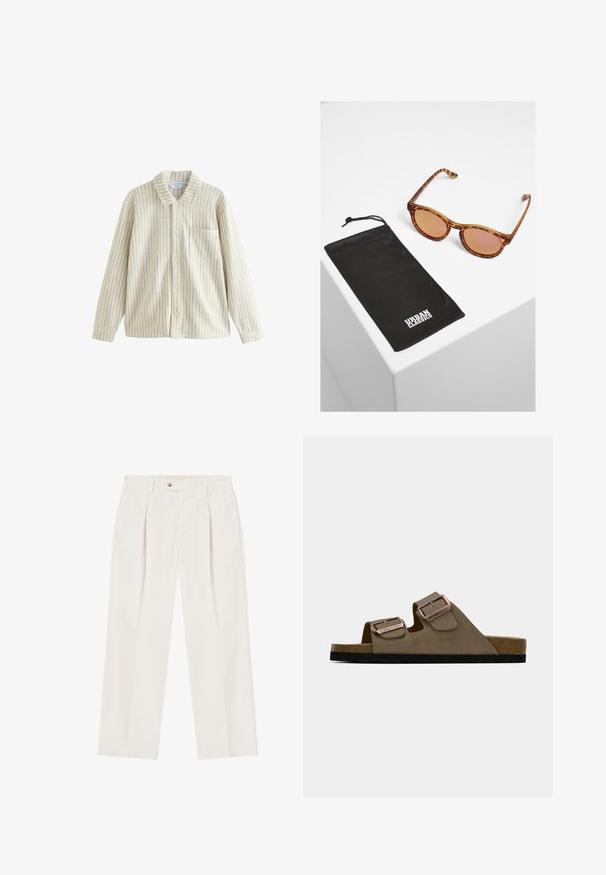 Prugasta srajca z gumbki v kremasti in bež barvi, ki ima ovratnik, dolge rokave, žep na prsih in grobo teksturo z navpičnimi črtami.; Bele, široke hlače z nagubami spredaj, z enim gumbom na zapiranju in stranskimi žepi. Gladka tekstura in krojena zasnova.; Rjave suedne sandale z dvema nastavljivima trakama in metalnimi zaponkami. Korkov podplat in črna teksturirana podlaga. Odprti dizajn za prste.; Rjave očala iz torte s rožnatimi lečami, s retro obliko. Vključuje črn tekstilni etui z logotipom "URBAN CLASSICS".