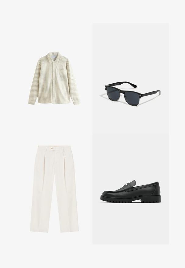 Chemise à rayures crème et beige, dotée d'un col, de manches longues, d'une poche poitrine et d'un tissu texturé avec des lignes verticales.; Pantalons blancs à jambes larges avec plis à l'avant, fermeture à un seul bouton et poches latérales. Texture lisse et design ajusté.; Mocassins en cuir noir à bout arrondi, avec un design cousu, une semelle plateforme basse et une semelle en caoutchouc texturée et crantée.; Lunettes de soleil noires de forme rectangulaire, verres foncés, accents argentés aux tempes et finition mate sur la monture.