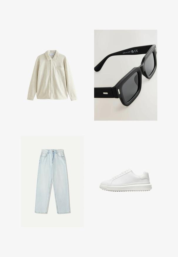 Camicia a righe in crema e beige, con colletto, maniche lunghe, taschino sul petto e tessuto testurizzato con righe verticali.; Jeans in denim azzurro chiaro con una vestibilità comoda, design a gamba dritta, stile a cinque tasche e leggere sfumature sul tessuto.; Sneaker bianco con una tomaia sintetica liscia, punta rotonda, lacci piatti, suola testurizzata e un design a piattaforma stratificata per un'altezza extra.; Occhiali da sole neri rettangolari con finitura opaca, lenti scure e dettagli argentati sulle tempie. Presentano un design con montatura spessa e una texture liscia.