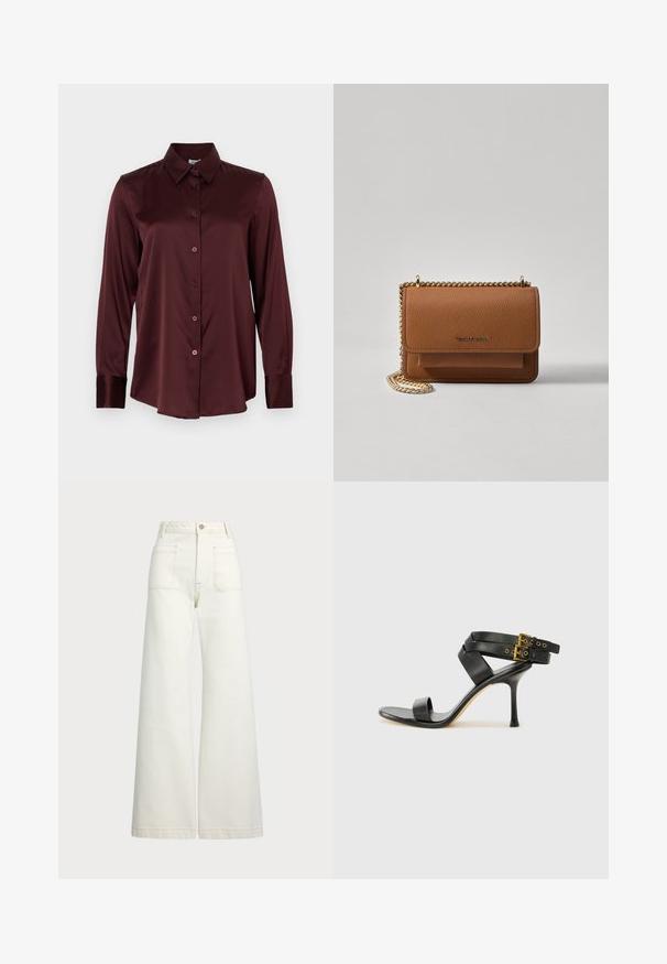 Long-sleeve burgundy satin shirt with pointed collar and button-down front, shown flat against a white background.; Wide-leg jeans in off-white denim. High-waisted design with a button closure, two front pockets, and contrast stitching details.; Black heeled sandal with crossed straps and adjustable buckle. Features a smooth texture and tapered stiletto heel.; Brown textured leather crossbody bag with gold chain strap and flap closure. Front features logo detail and a pocket under the flap.