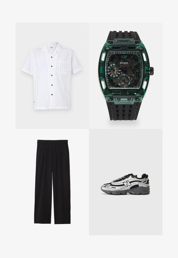 Balti trumpu rankoviu marškiniai su išpjovomis gėlių raštais, sagų priekyje, krūtine kišene ir rudomis sagomis. Pagaminti iš lengvos medžiagos.; Juodos platėjančios kelnės su pločiu priekiniu raukiniu, šoninėmis kišenėmis ir lygiu audiniu. Sukurtos patogiam prigludimui.; Sidabrinės ir juodos sportinės bateliai su tinkliniu viršumi, paminkštintu padu, raištelių užsegimu ir šoniniu logotipu.; Guess laikrodis su stačiakampiu žaliu plastiko korpusu, juodu tekstūruotu guminiu dirželiu ir keliais ciferblatais su ryškiais skaičiais bei akcentais.