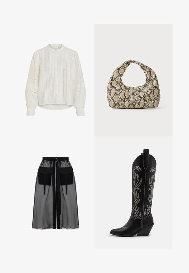 Biela blúzka s mandarínovým golierom, zapínaním na gombíky a plisovanými detailmi. Vzdušné dlhé rukávy s prepracovanými čipkovými akcentmi. Ľahký materiál.; Čierna priesvitná sukňa s naťahovacím pásom, ktorá má dve veľké predné vrecká, opasok na viazanie a kruhový kovový akcent.; Čierne kožené kovbojské čižmy s špicatými prstami, klinovými podpätkami a striebornými vyšívanými kvetinovými vzormi po celej dĺžke. Kontrastné šitie po celom povrchu.; Kabelka s hadím vzorom a zakriveným rukoväťou. Vyrobená z textúrovaných béžových a hnedých materiálov, s charakteristickým diamantovým vzorom.