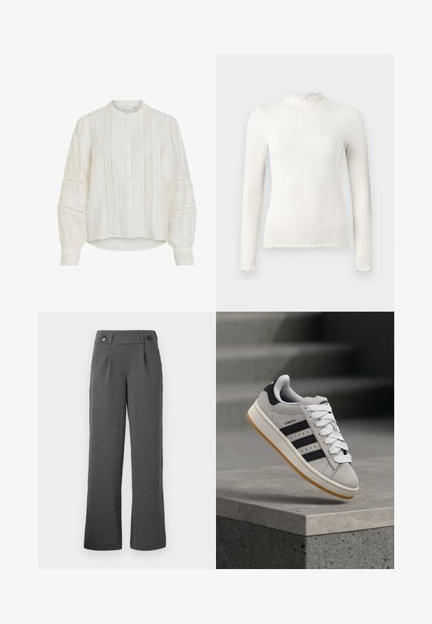 Biela blúzka s mandarínovým golierom, zapínaním na gombíky a plisovanými detailmi. Vzdušné dlhé rukávy s prepracovanými čipkovými akcentmi. Ľahký materiál.; Bielo-ribovaný rolák s dlhými rukávmi, ktorý má volánový golier a rozstrapkaný lem. Hladká textúra, priliehavý strih.; Šedé široké nohavice z textúrovanej látky, s vysokým pásom, prednými záhybmi a dvomi gombíkmi na páse.; Šedá teniska Adidas Campus s čiernymi pruhmi a bielymi šnúrkami vznášajúca sa nad betónovým múrikom so schodmi v pozadí.