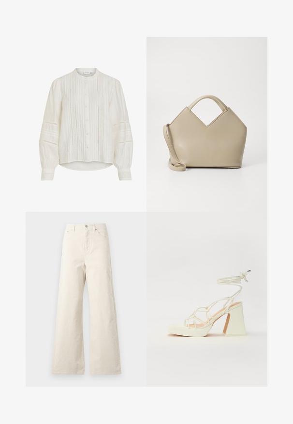 Blusa blanca con cuello mandarina, cierre de botones y detalles plisados. Mangas largas y amplias con intrincados acentos de encaje. Tela ligera.; Pantalones de pernera ancha beige, hechos de algodón, con cierre de botón en la parte frontal, bolsillos laterales y una textura suave. Diseño minimalista sin patrones.; Sandalia de tacón alto blanca con un tacón grueso, que presenta un diseño de tiras y un lazo en el tobillo. Textura suave con una plataforma en la parte delantera para mayor altura.; Bolso estructurado beige con una parte superior en forma de V, material de cuero suave, asas cortas y una correa larga y ajustable. Diseño minimalista.